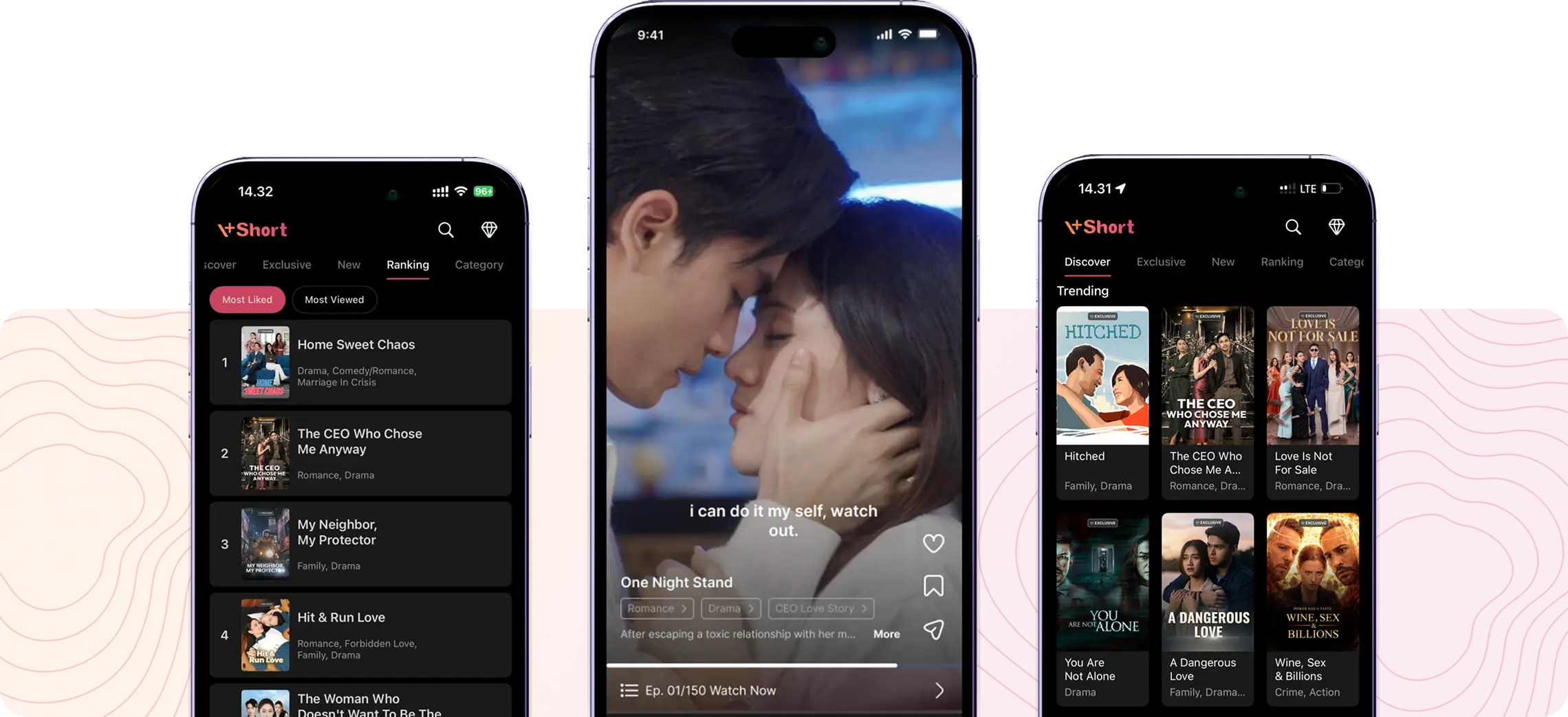 V+Short app showcasing vertical series and mini dramas on mobile